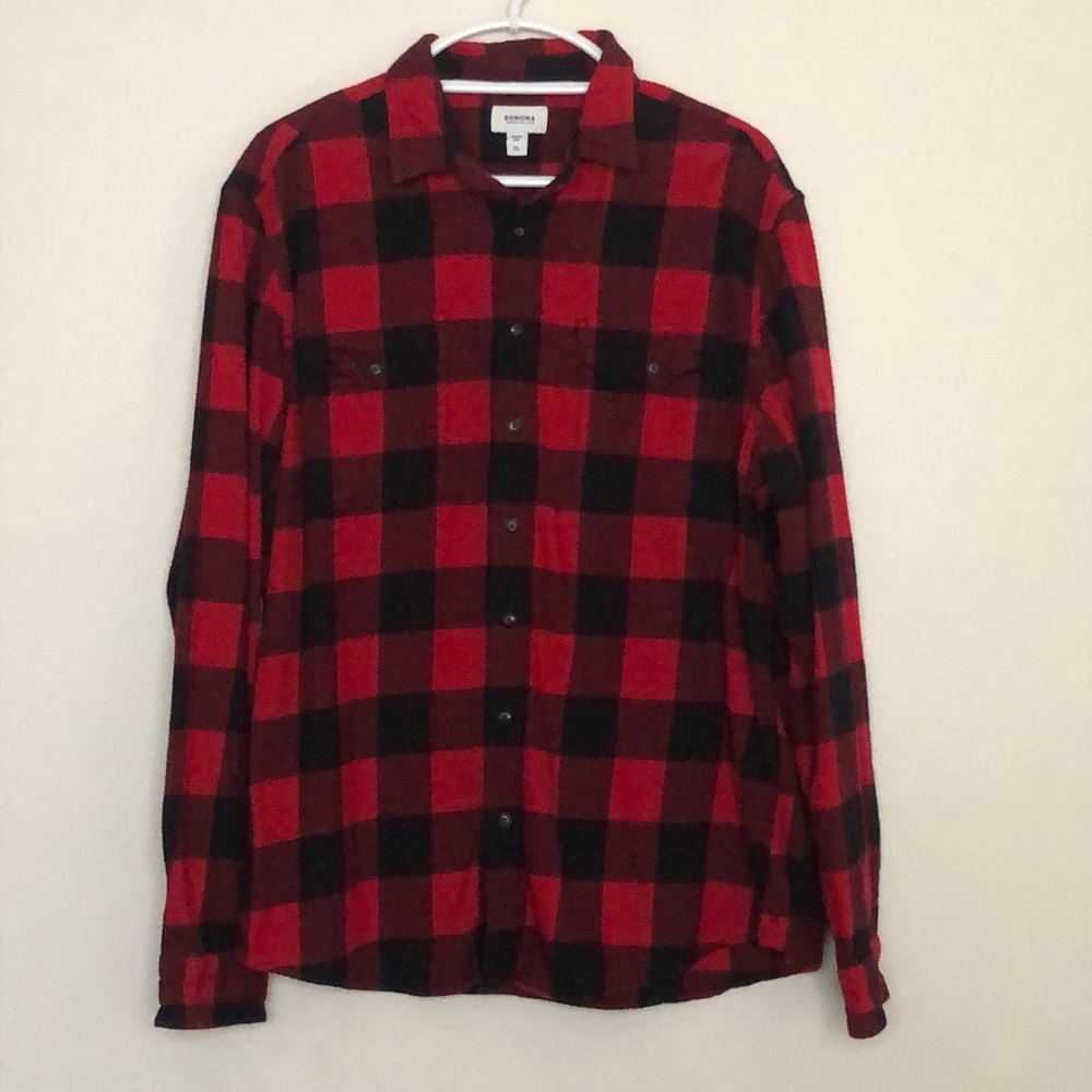 Sonoma Mens Red & Black Buffalo Plaid Flannel Long Sleeve Button-Down Shirt